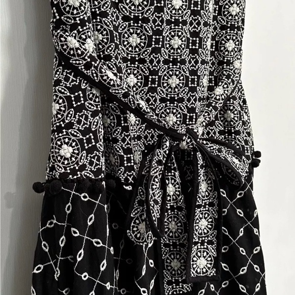 Anthropologie Embroidered Floral Black White Classic Boho Pom Cotton Midi Dress - Picture 3 of 9
